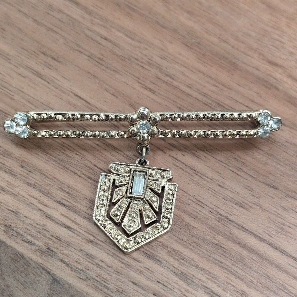 Art Deco Vintage Gold Bar Shield Brooch Pin Rhinestone Baguette Prong Setting